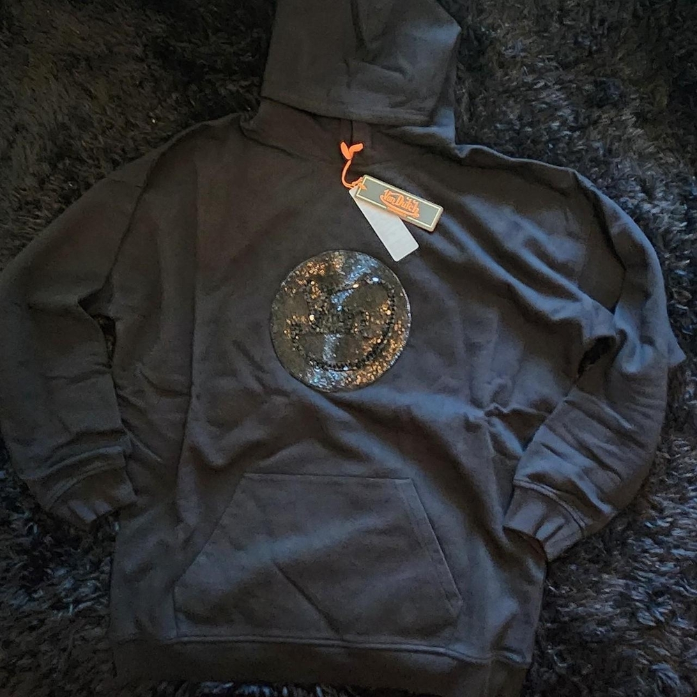 Von Dutch Black Hoodie with Sequin Smiley Emblem
